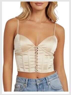 Oh Polly Bustier Crop Top Cream Satin Corset Lace Up Size 4 S